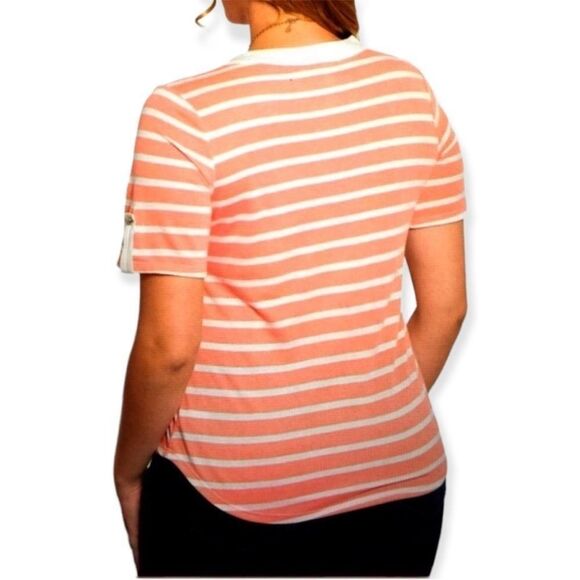 V Neck Button Down Short Sleeve Colorful Stripes Top - NEW - Picture 2 of 2